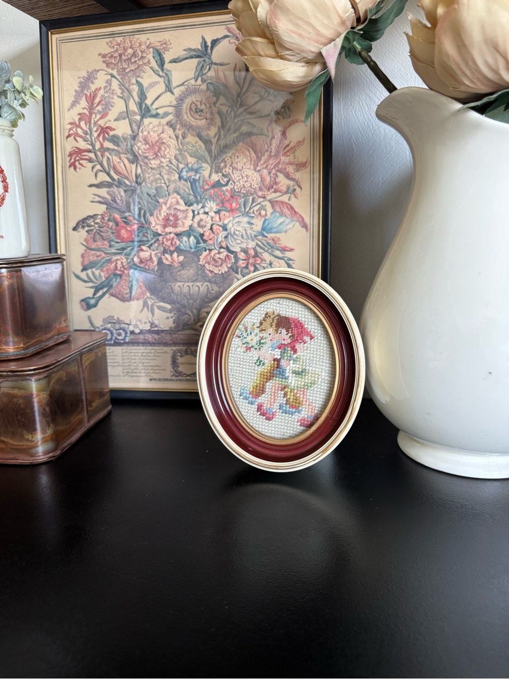 Oval Burgundy and Cream Framed Cross-Stitch Wall Accent